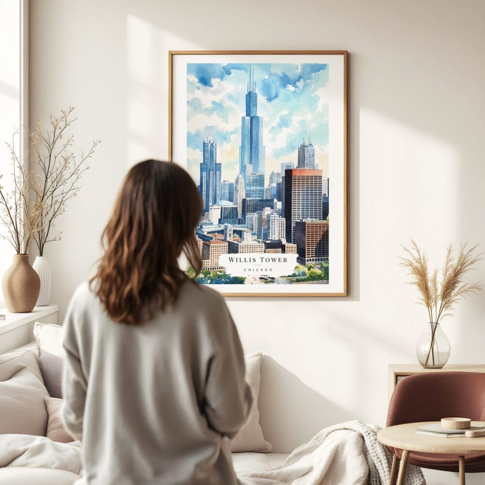 03 - Framed Chicago Willis Tower Watercolor Wall Art - In Living Room with Woman Looking at it - Portrait 03 - Framed Chicago Willis Tower Watercolor Wall Art - In Living Room with Woman Looking at it - Portrait