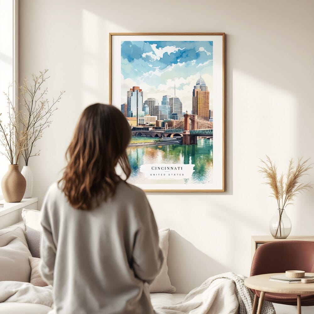 03 - Framed Cincinnati Ohio Watercolor Wall Art - In Living Room with Woman Looking at it - Portrait 03 - Framed Cincinnati Ohio Watercolor Wall Art - In Living Room with Woman Looking at it - Portrait