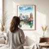 03 - Framed Cincinnati Ohio Watercolor Wall Art - In Living Room with Woman Looking at it - Portrait