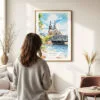 03 - Framed Cologne Cathedral Watercolor Wall Art - In Living Room with Woman Looking at it - Portrait