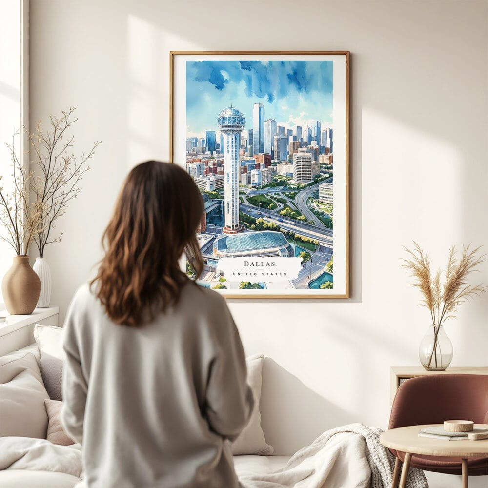 03 - Framed Dallas Texas Watercolor Wall Art - In Living Room with Woman Looking at it - Portrait 03 - Framed Dallas Texas Watercolor Wall Art - In Living Room with Woman Looking at it - Portrait