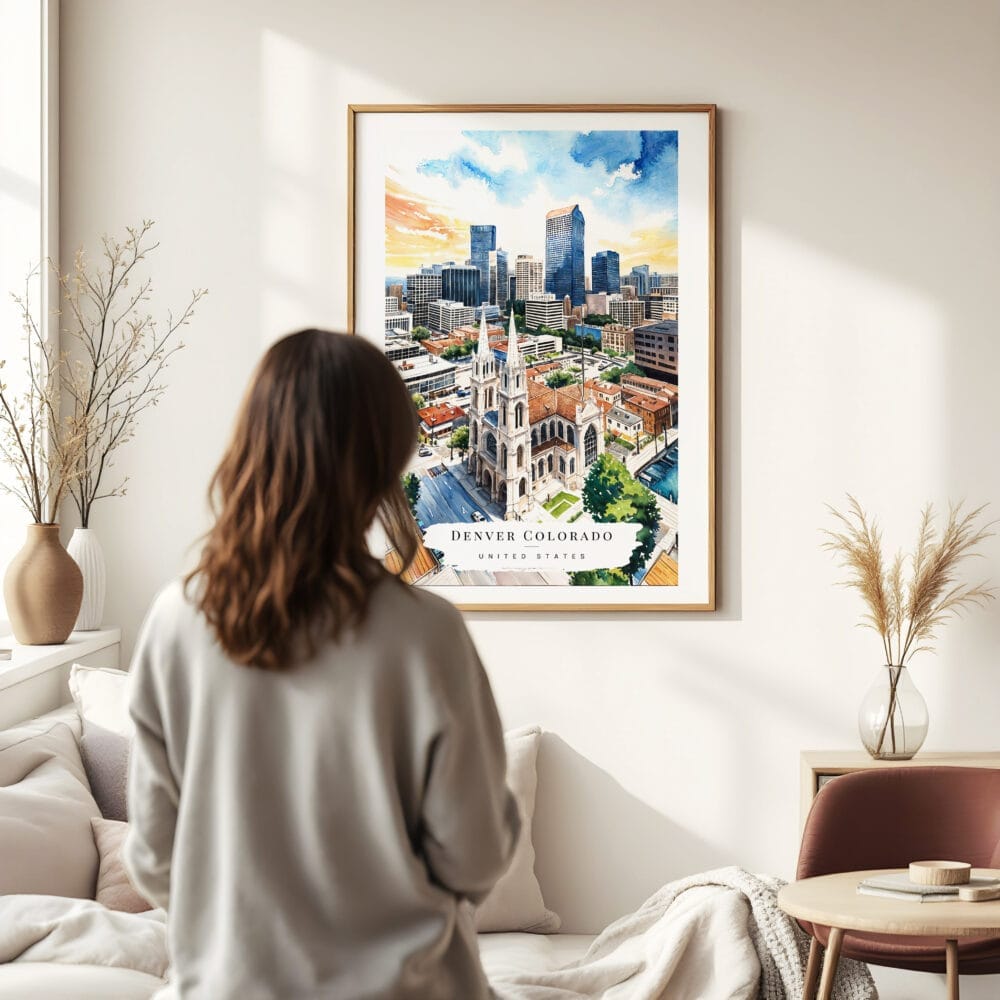 03 - Framed Denver Colorado Skyline Watercolor Wall Art - In Living Room with Woman Looking at it - Portrait 03 - Framed Denver Colorado Skyline Watercolor Wall Art - In Living Room with Woman Looking at it - Portrait
