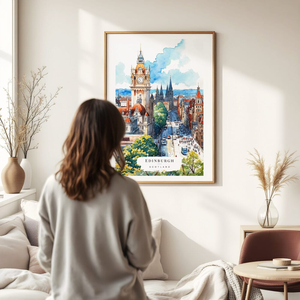 03 - Framed Edinburgh Skyline Watercolor Wall Art - In Living Room with Woman Looking at it - Portrait 03 - Framed Edinburgh Skyline Watercolor Wall Art - In Living Room with Woman Looking at it - Portrait