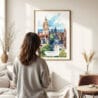 03 - Framed Edinburgh Skyline Watercolor Wall Art - In Living Room with Woman Looking at it - Portrait