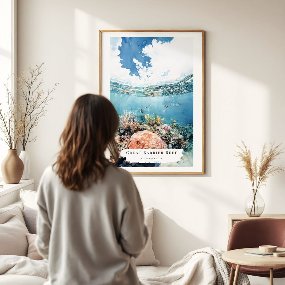 03 - Framed Great Barrier Reef Watercolor Wall Art - In Living Room with Woman Looking at it - Portrait 03 - Framed Great Barrier Reef Watercolor Wall Art - In Living Room with Woman Looking at it - Portrait