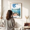 03 - Framed Great Barrier Reef Watercolor Wall Art - In Living Room with Woman Looking at it - Portrait