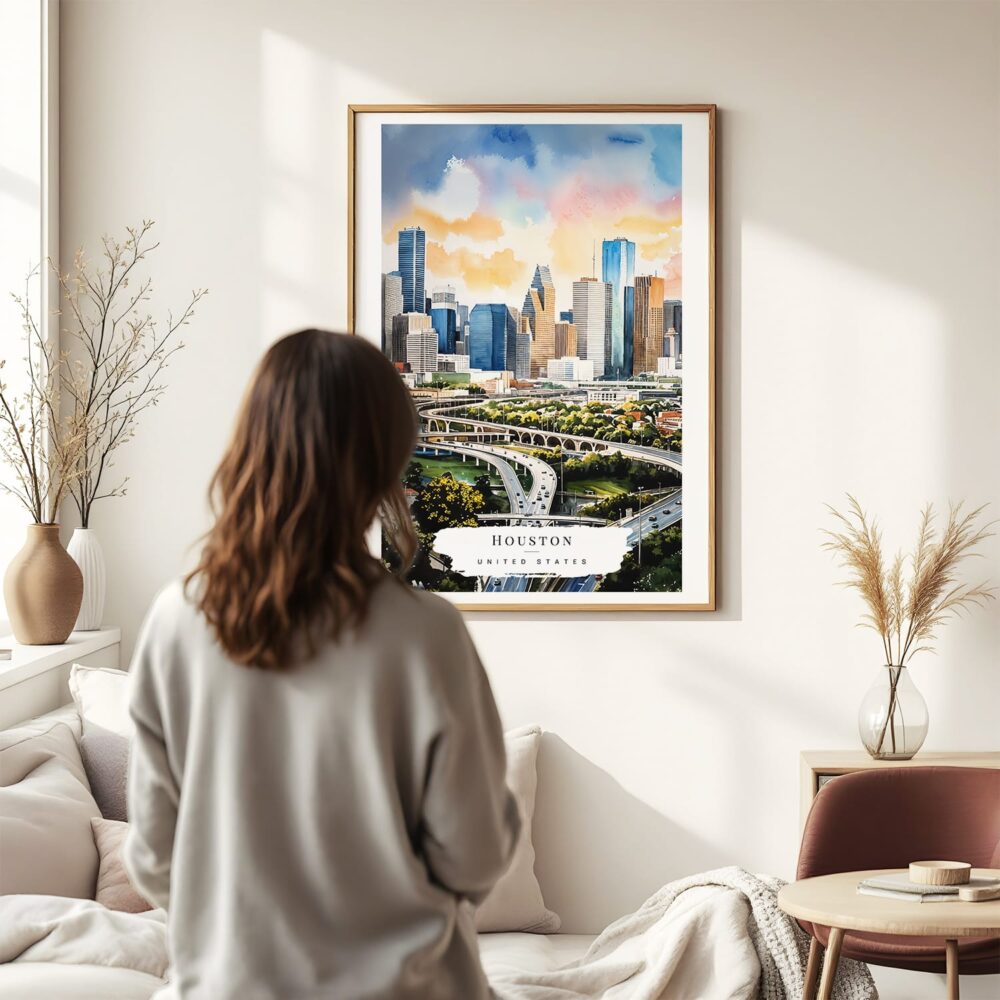 03 - Framed Houston Texas Watercolor Wall Art - In Living Room with Woman Looking at it - Portrait 03 - Framed Houston Texas Watercolor Wall Art - In Living Room with Woman Looking at it - Portrait