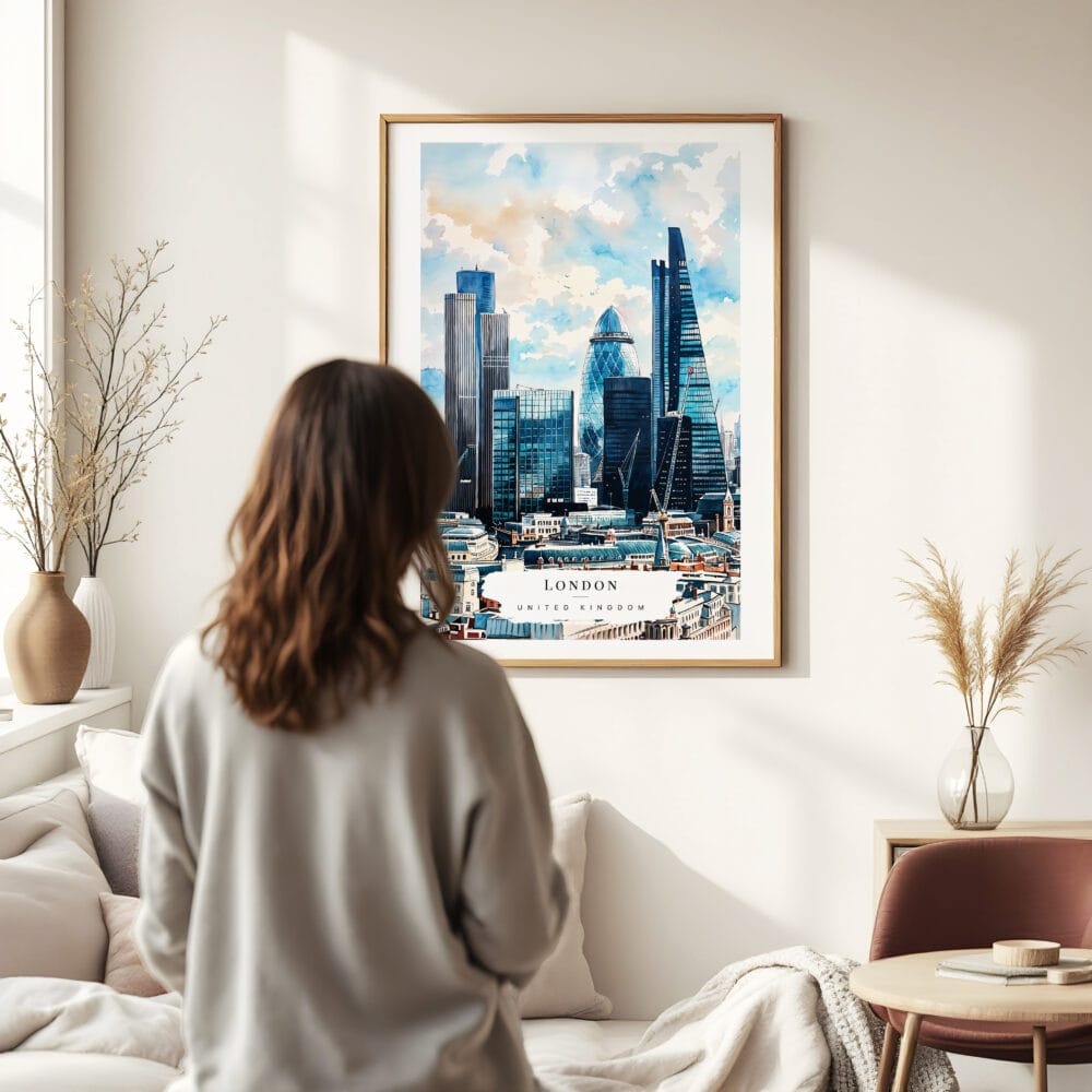 03 - Framed London Business Skyline Watercolor Wall Art - In Living Room with Woman Looking at it - Portrait 03 - Framed London Business Skyline Watercolor Wall Art - In Living Room with Woman Looking at it - Portrait