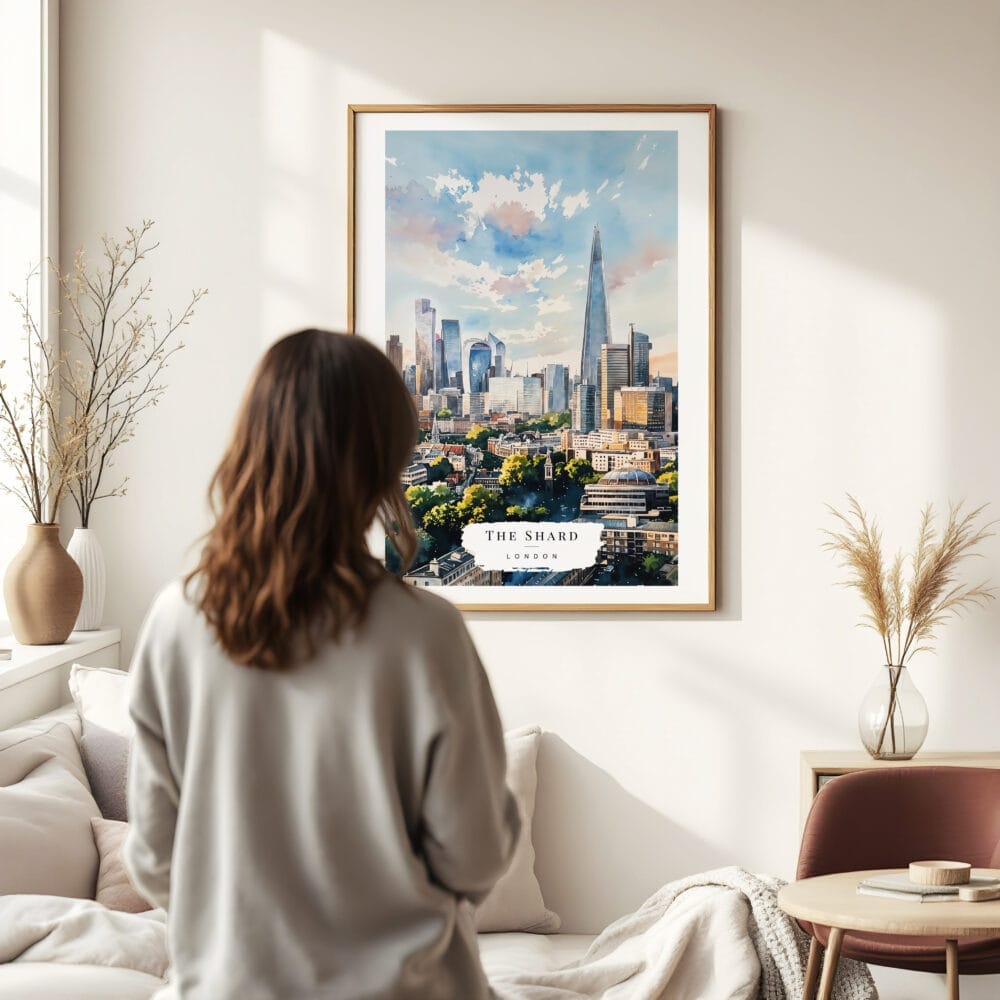 03 - Framed London The Shard Watercolor Wall Art - In Living Room with Woman Looking at it - Portrait 03 - Framed London The Shard Watercolor Wall Art - In Living Room with Woman Looking at it - Portrait