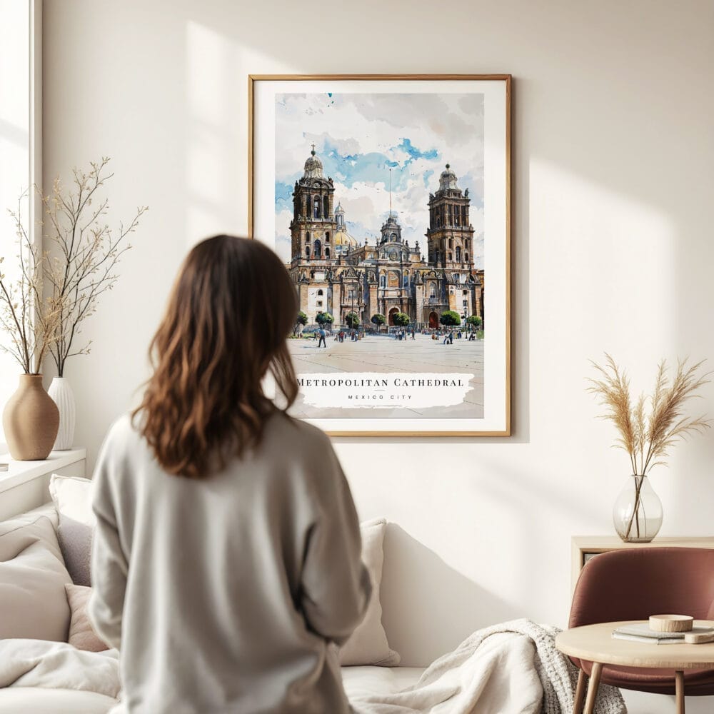 03 - Framed Mexico Metropolitan Cathedral Watercolor Wall Art - In Living Room with Woman Looking at it - Portrait 03 - Framed Mexico Metropolitan Cathedral Watercolor Wall Art - In Living Room with Woman Looking at it - Portrait