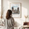 03 - Framed Mexico Metropolitan Cathedral Watercolor Wall Art - In Living Room with Woman Looking at it - Portrait
