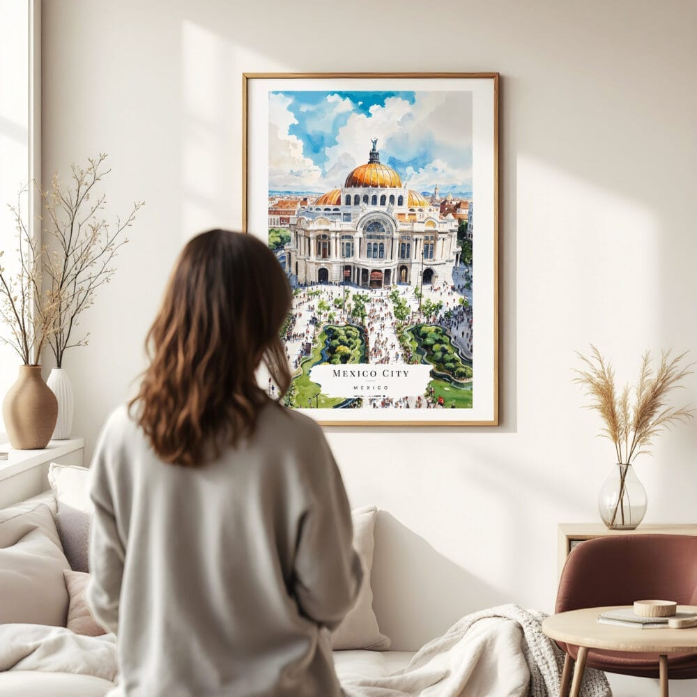 03 - Framed Mexico Palacio de Bellas Artes Watercolor Wall Art - In Living Room with Woman Looking at it - Portrait 03 - Framed Mexico Palacio de Bellas Artes Watercolor Wall Art - In Living Room with Woman Looking at it - Portrait