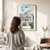 03 - Framed Mexico Palacio de Bellas Artes Watercolor Wall Art - In Living Room with Woman Looking at it - Portrait