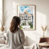 03 - Framed Mexico Palacio de Bellas Artes Watercolor Wall Art - In Living Room with Woman Looking at it - Portrait