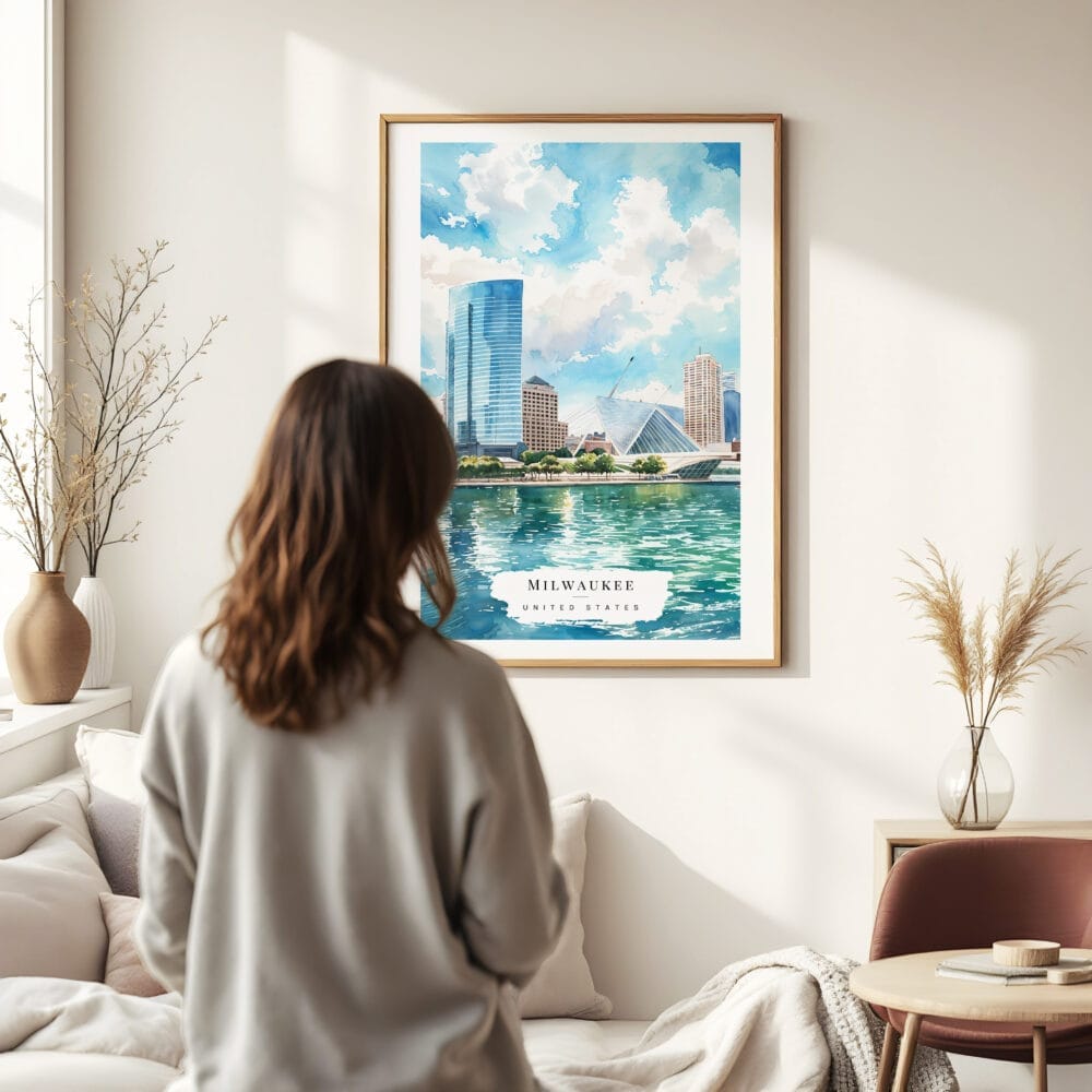 03 - Framed Milwaukee Skyline Watercolor Wall Art - In Living Room with Woman Looking at it - Portrait 03 - Framed Milwaukee Skyline Watercolor Wall Art - In Living Room with Woman Looking at it - Portrait