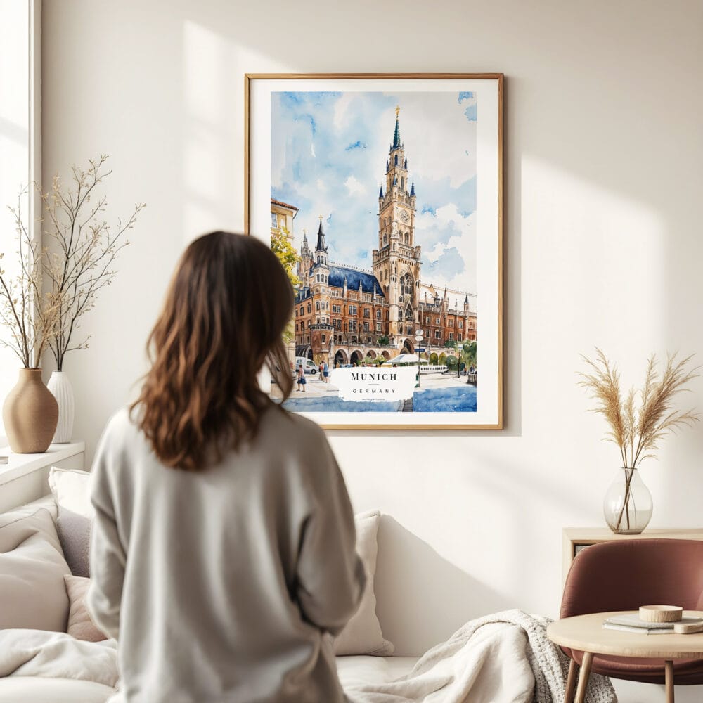 03 - Framed Munich Marienplatz Watercolor Wall Art - In Living Room with Woman Looking at it - Portrait 03 - Framed Munich Marienplatz Watercolor Wall Art - In Living Room with Woman Looking at it - Portrait