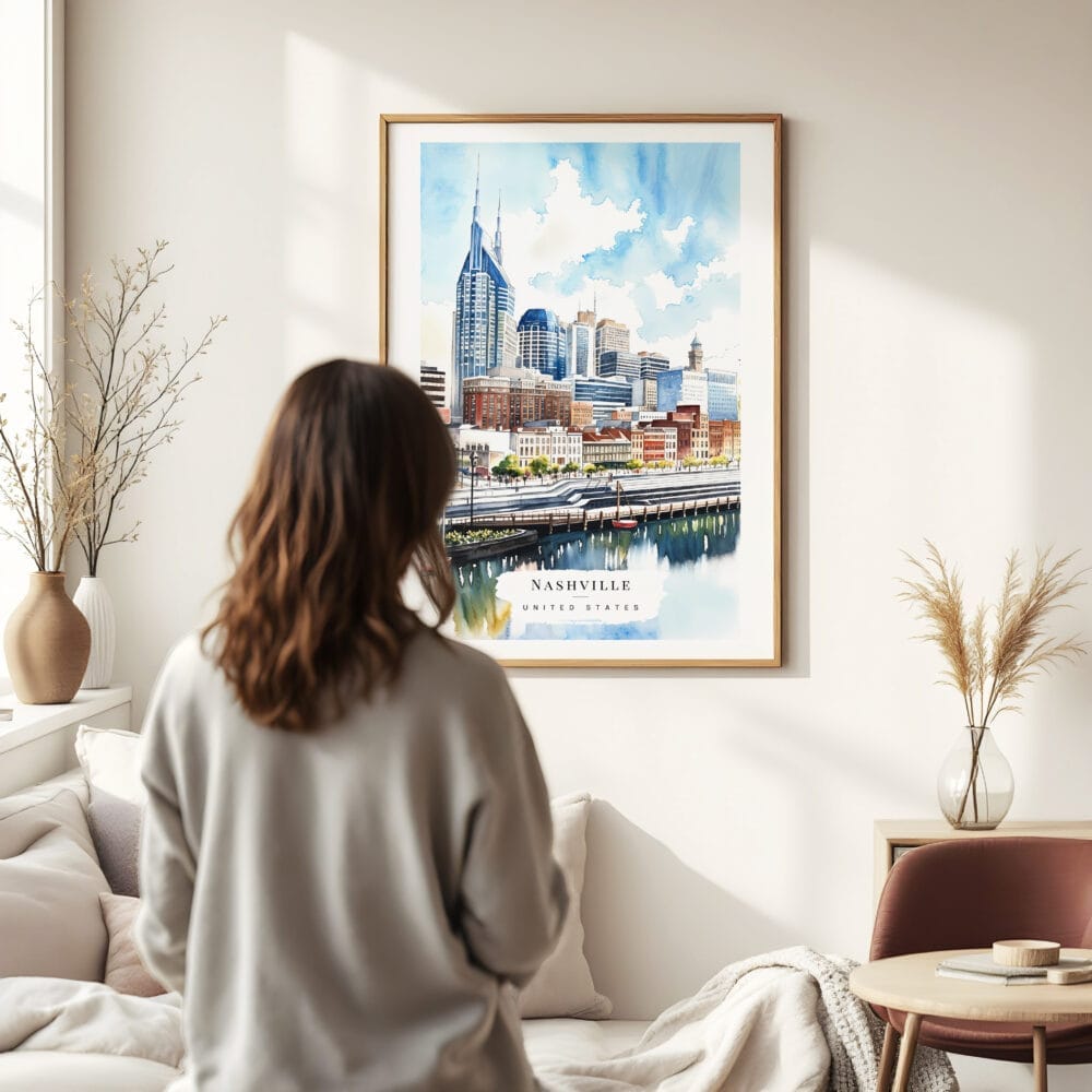 03 - Framed Nashville Skyline Watercolor Wall Art - In Living Room with Woman Looking at it - Portrait 03 - Framed Nashville Skyline Watercolor Wall Art - In Living Room with Woman Looking at it - Portrait