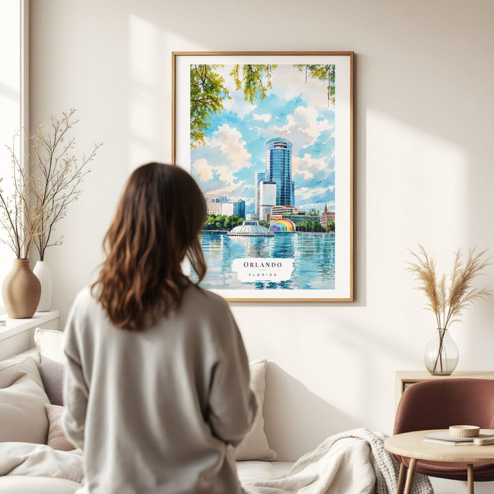 03 - Framed Orlando Florida Watercolor Wall Art - In Living Room with Woman Looking at it - Portrait 03 - Framed Orlando Florida Watercolor Wall Art - In Living Room with Woman Looking at it - Portrait