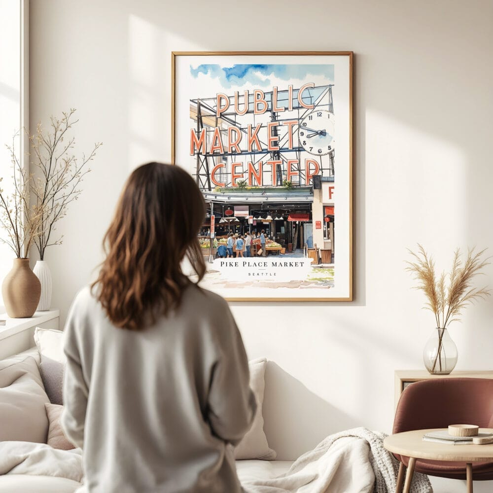 03 - Framed Seattle Pike Place Market Watercolor Wall Art - In Living Room with Woman Looking at it - Portrait 03 - Framed Seattle Pike Place Market Watercolor Wall Art - In Living Room with Woman Looking at it - Portrait