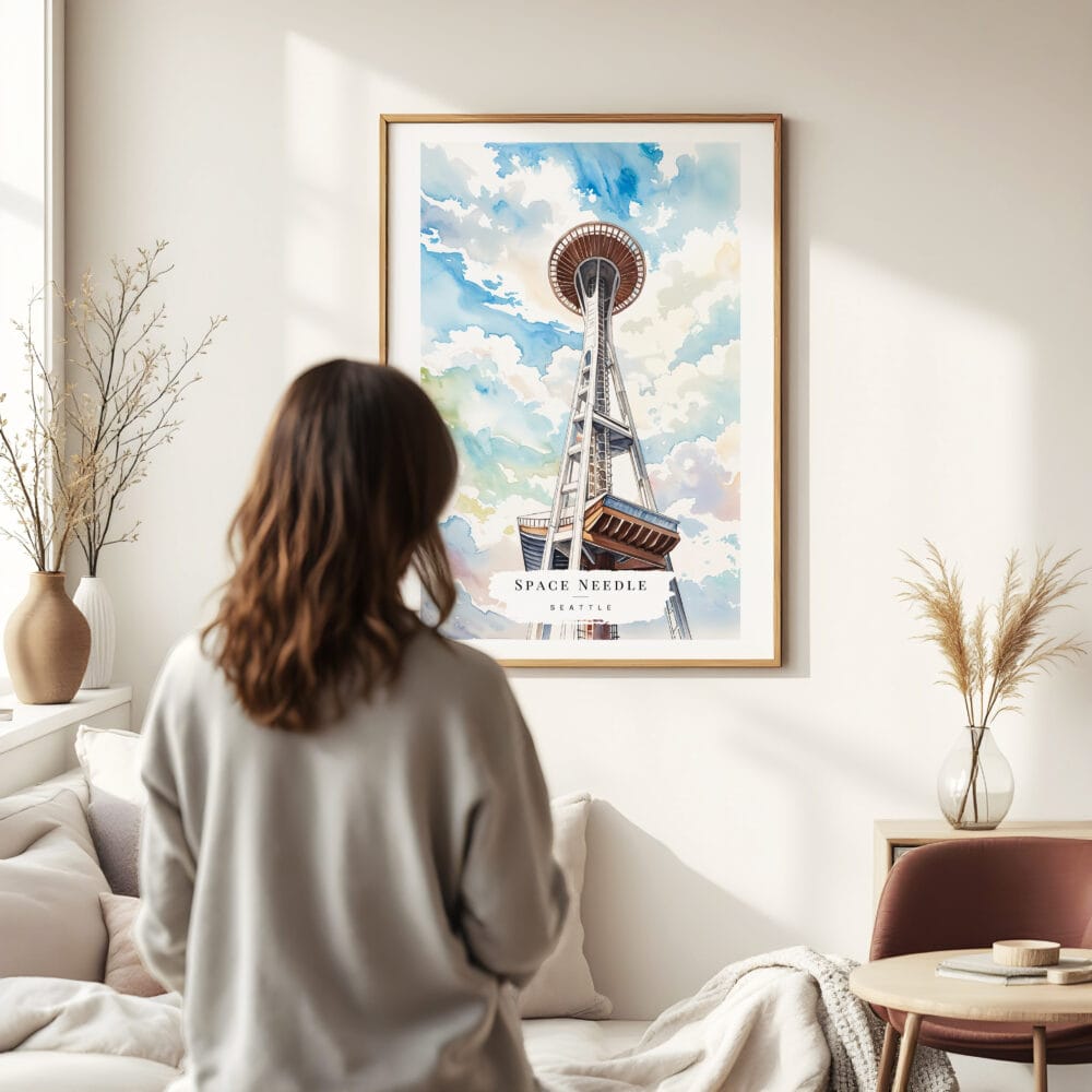 03 - Framed Seattle Space Needle Watercolor Wall Art - In Living Room with Woman Looking at it - Portrait 03 - Framed Seattle Space Needle Watercolor Wall Art - In Living Room with Woman Looking at it - Portrait