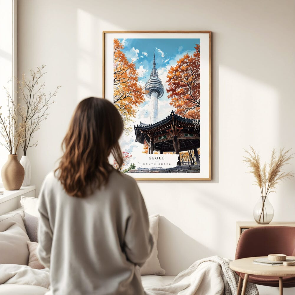 03 - Framed Seoul N Seoul Tower Korea Watercolor Wall Art - In Living Room with Woman Looking at it - Portrait 03 - Framed Seoul N Seoul Tower Korea Watercolor Wall Art - In Living Room with Woman Looking at it - Portrait
