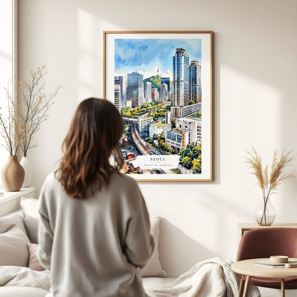 03 - Framed Seoul Skyline Watercolor Wall Art - In Living Room with Woman Looking at it - Portrait 03 - Framed Seoul Skyline Watercolor Wall Art - In Living Room with Woman Looking at it - Portrait