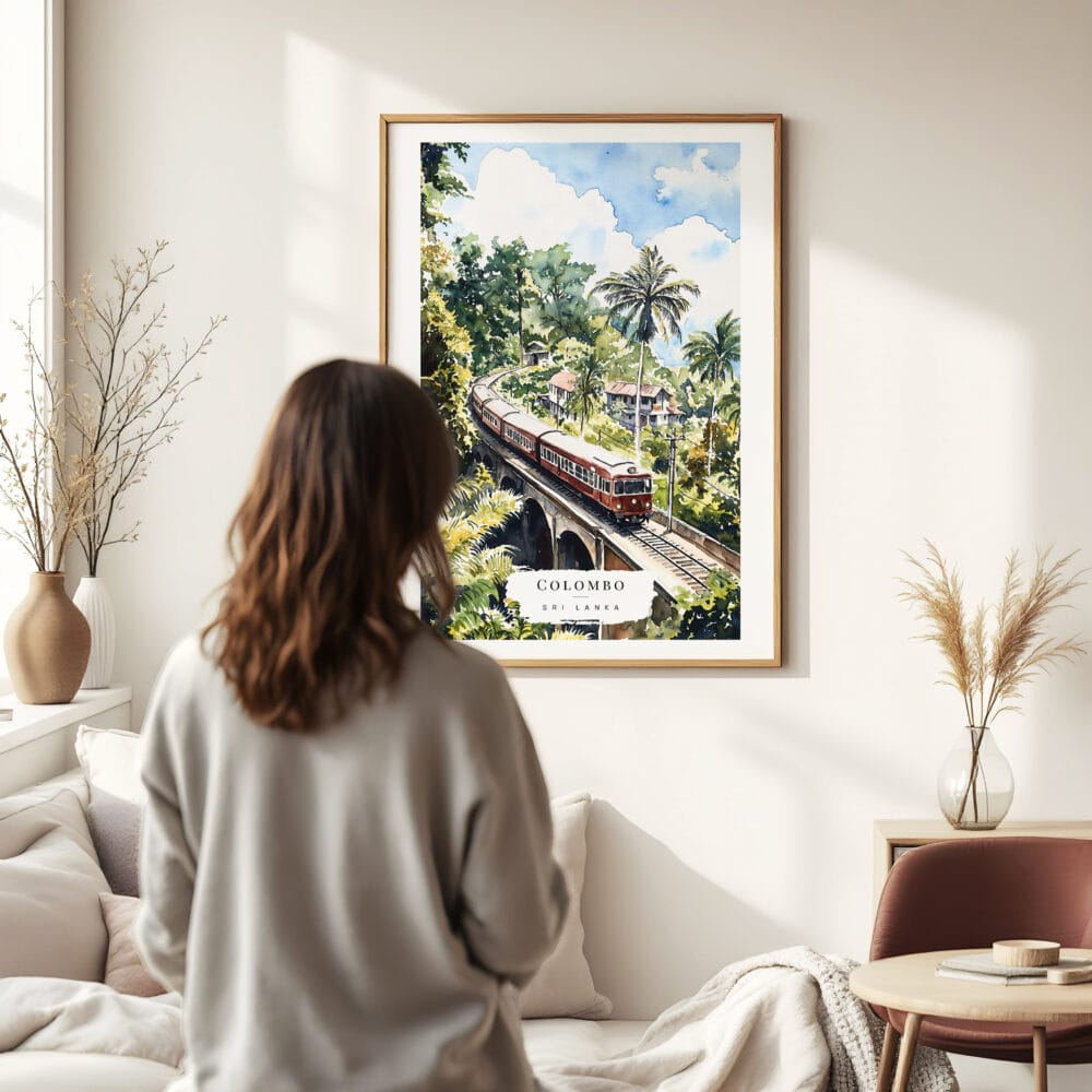 03 - Framed Sri Lanka Train Watercolor Wall Art - In Living Room with Woman Looking at it - Portrait 03 - Framed Sri Lanka Train Watercolor Wall Art - In Living Room with Woman Looking at it - Portrait