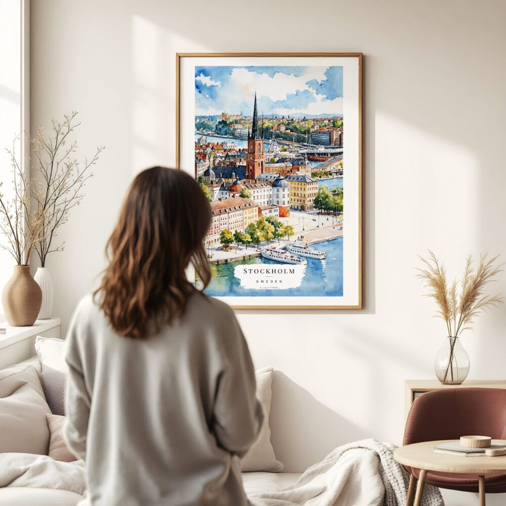 03 - Framed Stockholm Skyline Watercolor Wall Art - In Living Room with Woman Looking at it - Portrait 03 - Framed Stockholm Skyline Watercolor Wall Art - In Living Room with Woman Looking at it - Portrait