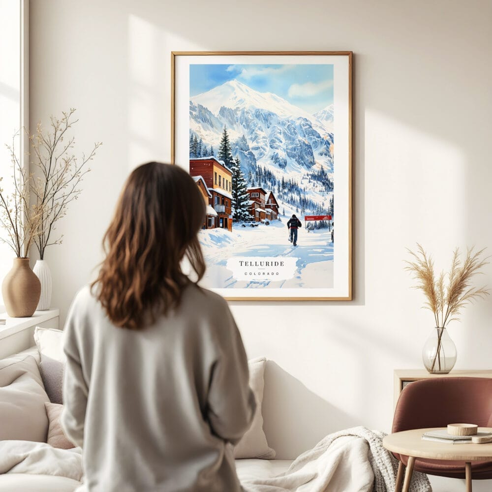 03 - Framed Telluride Colorado Watercolor Wall Art - In Living Room with Woman Looking at it - Portrait 03 - Framed Telluride Colorado Watercolor Wall Art - In Living Room with Woman Looking at it - Portrait