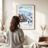 03 - Framed Telluride Colorado Watercolor Wall Art - In Living Room with Woman Looking at it - Portrait