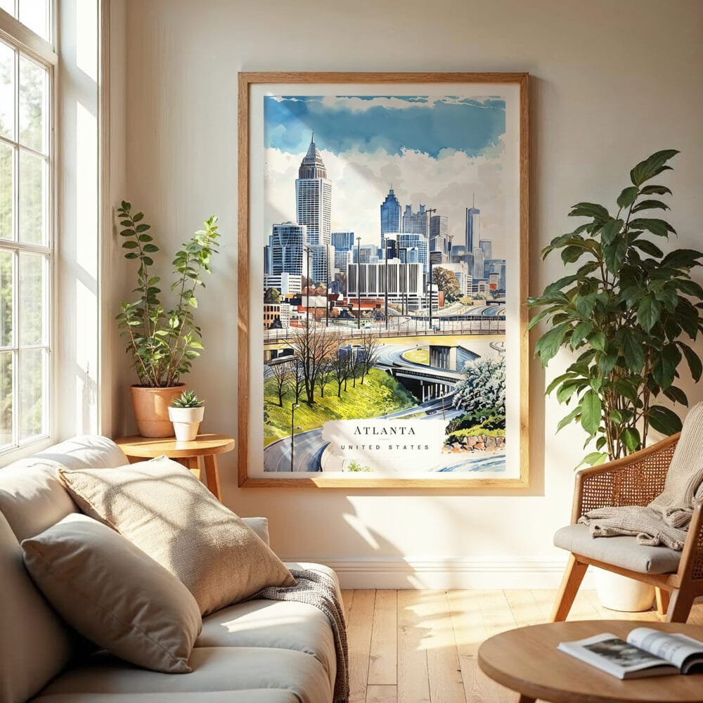 04 - Atlanta Skyline Watercolor Wall Art in Boho Living Room 04 - Atlanta Skyline Watercolor Wall Art in Boho Living Room