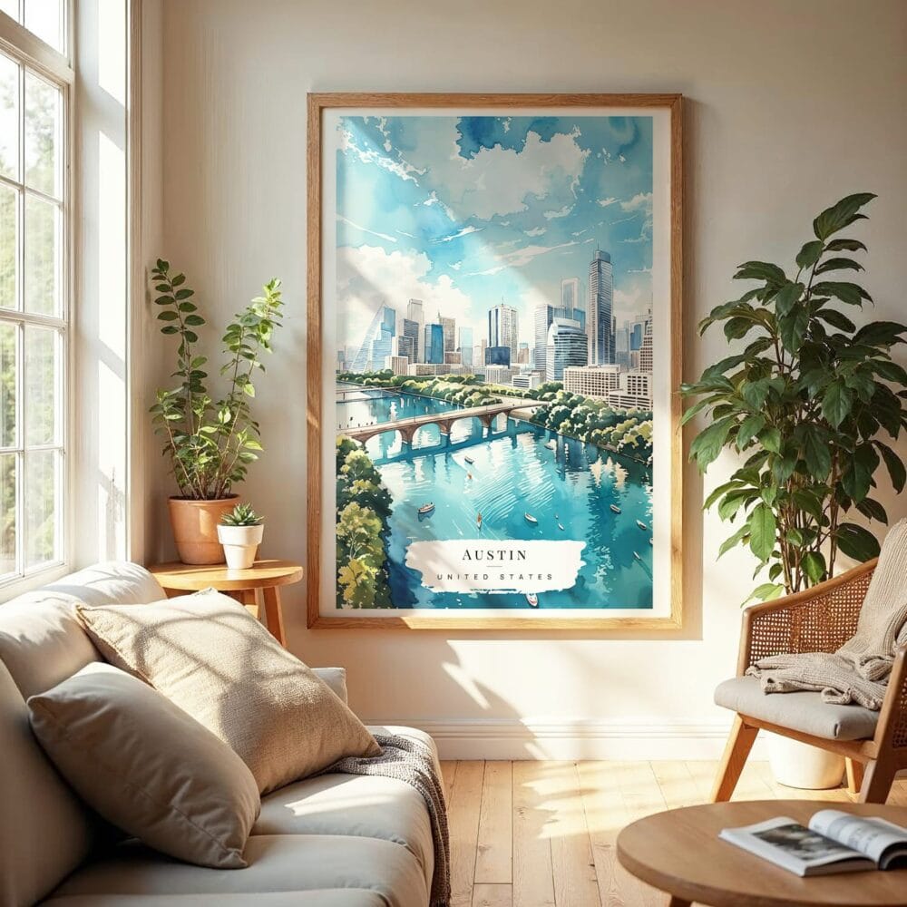 04 - Austin Texas Watercolor Wall Art in Boho Living Room 04 - Austin Texas Watercolor Wall Art in Boho Living Room