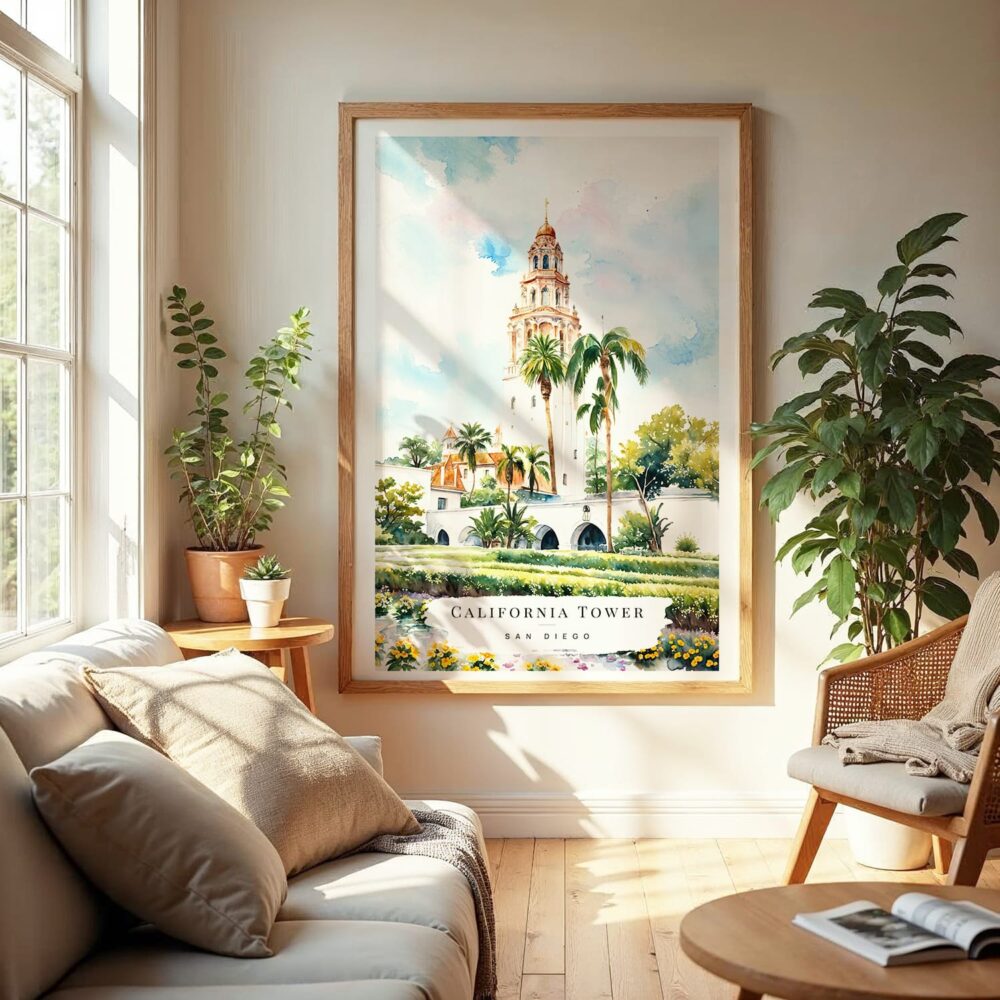 04 - Balboa Park California Tower Watercolor Wall Art in Boho Living Room 04 - Balboa Park California Tower Watercolor Wall Art in Boho Living Room