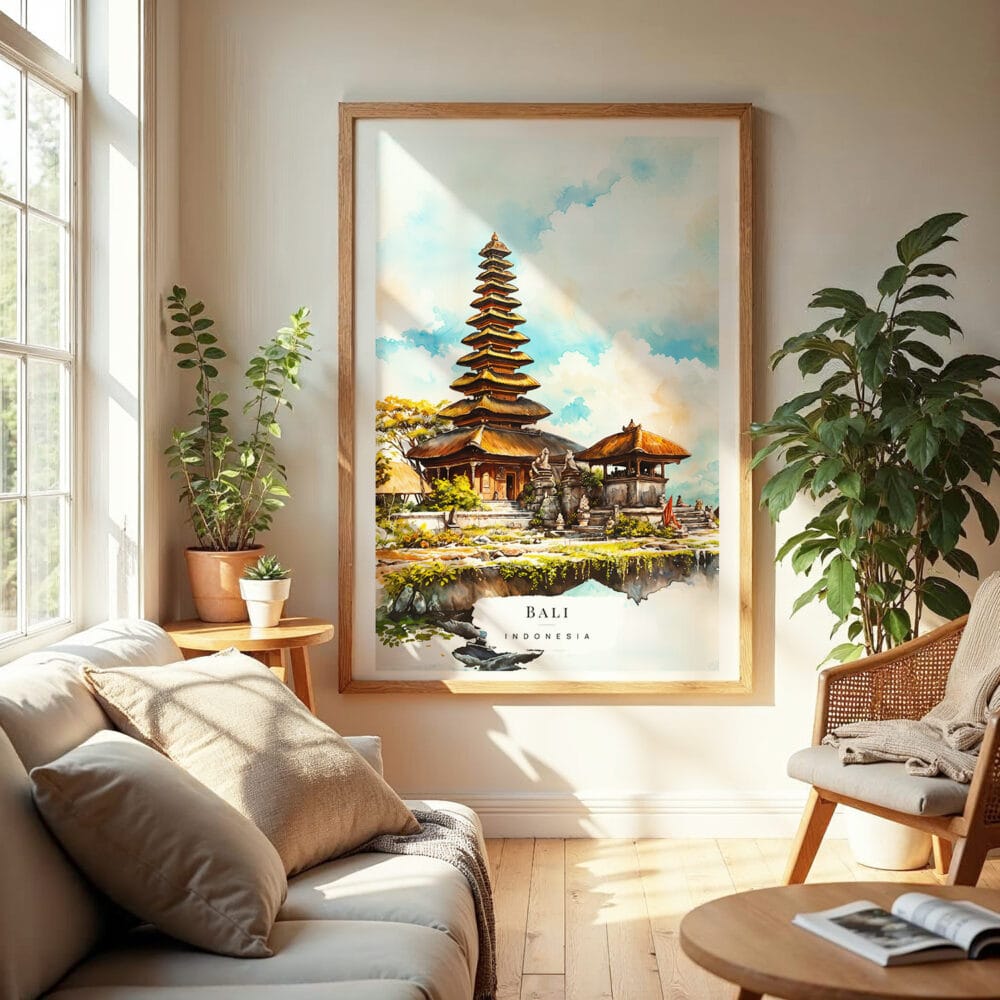 04 - Bali Temple Watercolor Wall Art in Boho Living Room 04 - Bali Temple Watercolor Wall Art in Boho Living Room