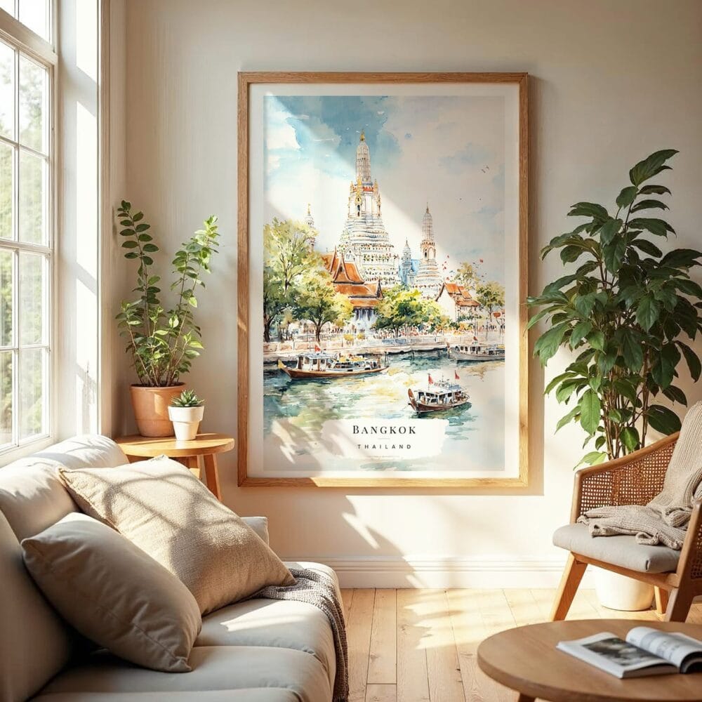 04 - Bangkok Wat Arun Watercolor Wall Art in Boho Living Room 04 - Bangkok Wat Arun Watercolor Wall Art in Boho Living Room