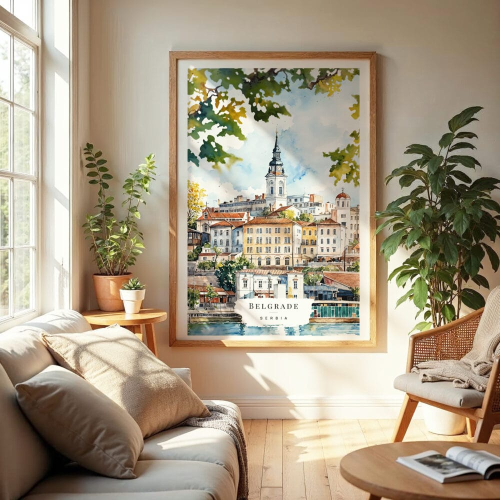 04 - Belgrade Watercolor Wall Art in Boho Living Room 04 - Belgrade Watercolor Wall Art in Boho Living Room
