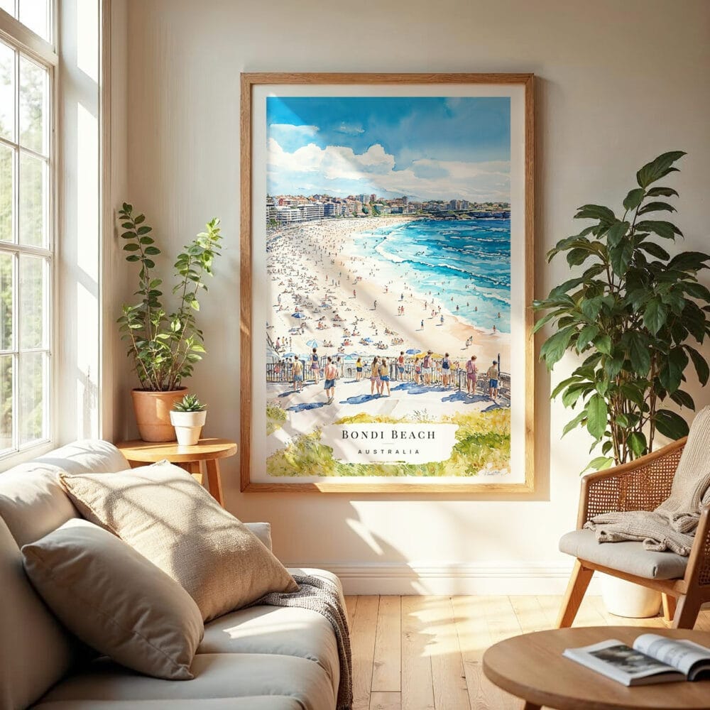 04 - Bondi Beach Watercolor Wall Art in Boho Living Room 04 - Bondi Beach Watercolor Wall Art in Boho Living Room
