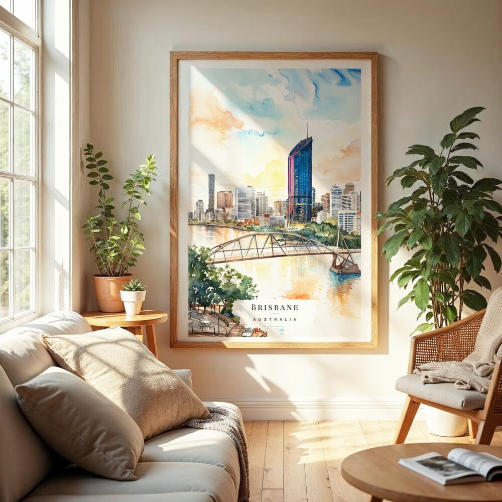 04 - Brisbane Skyline Watercolor Wall Art in Boho Living Room 04 - Brisbane Skyline Watercolor Wall Art in Boho Living Room