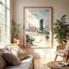 04 - Brisbane Skyline Watercolor Wall Art in Boho Living Room