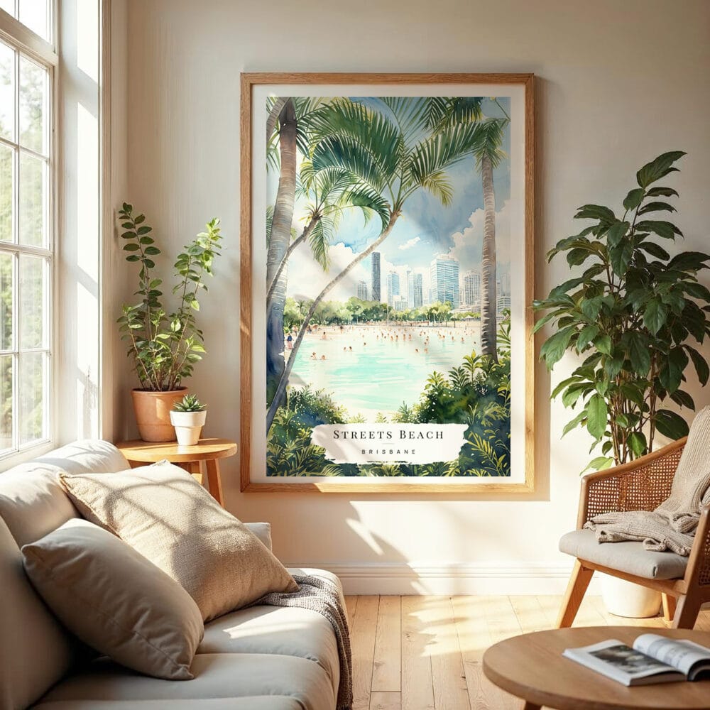 04 - Brisbane Streets Beach Watercolor Wall Art in Boho Living Room 04 - Brisbane Streets Beach Watercolor Wall Art in Boho Living Room