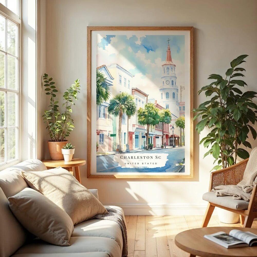 04 - Charleston SC Watercolor Wall Art in Boho Living Room 04 - Charleston SC Watercolor Wall Art in Boho Living Room