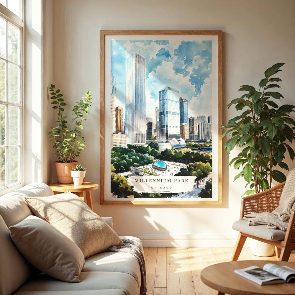 04 - Chicago Millennium Park Watercolor Wall Art in Boho Living Room 04 - Chicago Millennium Park Watercolor Wall Art in Boho Living Room