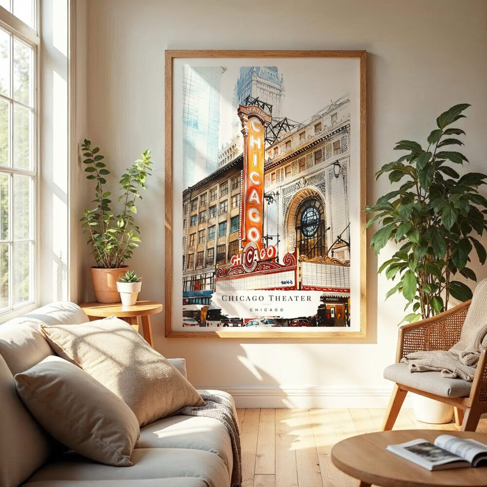 04 - Chicago Theater Watercolor Wall Art in Boho Living Room 04 - Chicago Theater Watercolor Wall Art in Boho Living Room
