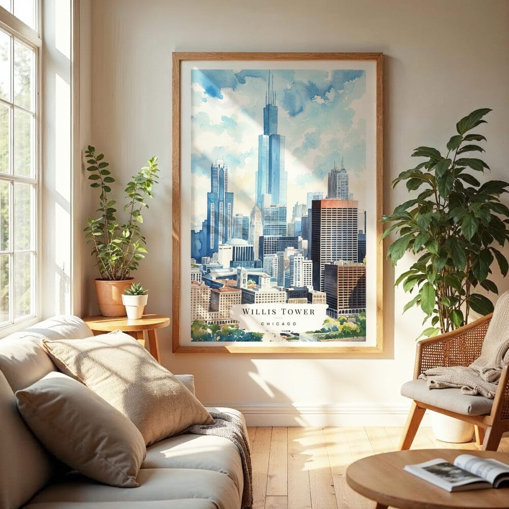 04 - Chicago Willis Tower Watercolor Wall Art in Boho Living Room 04 - Chicago Willis Tower Watercolor Wall Art in Boho Living Room