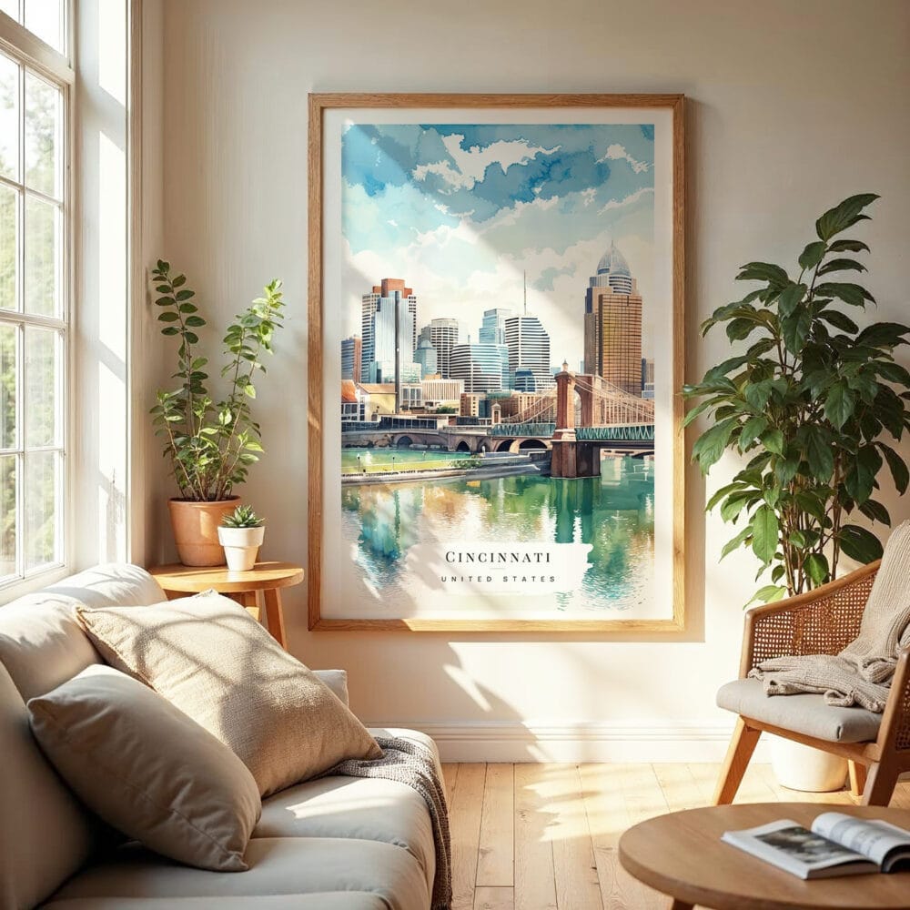 04 - Cincinnati Ohio Watercolor Wall Art in Boho Living Room 04 - Cincinnati Ohio Watercolor Wall Art in Boho Living Room