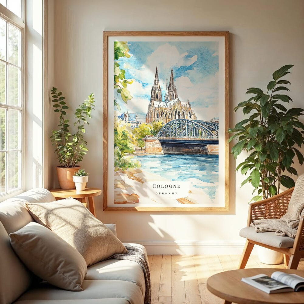 04 - Cologne Cathedral Watercolor Wall Art in Boho Living Room 04 - Cologne Cathedral Watercolor Wall Art in Boho Living Room