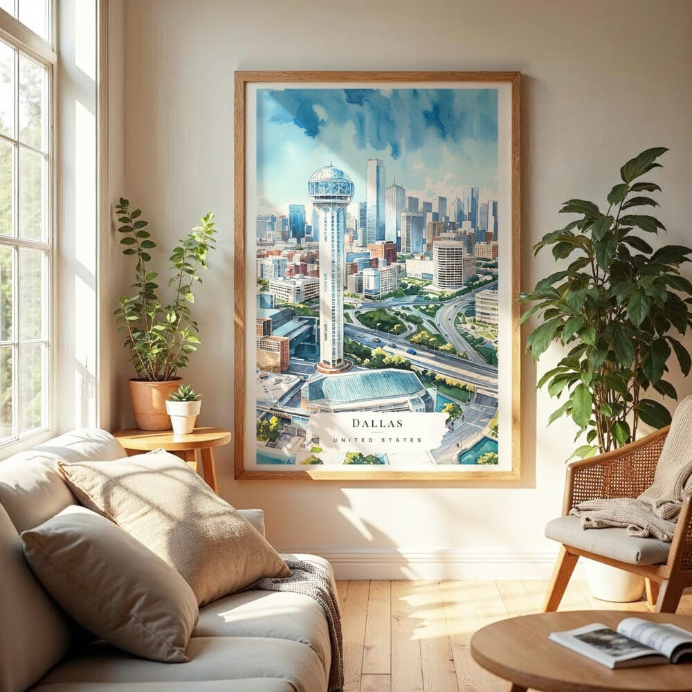 04 - Dallas Texas Watercolor Wall Art in Boho Living Room 04 - Dallas Texas Watercolor Wall Art in Boho Living Room