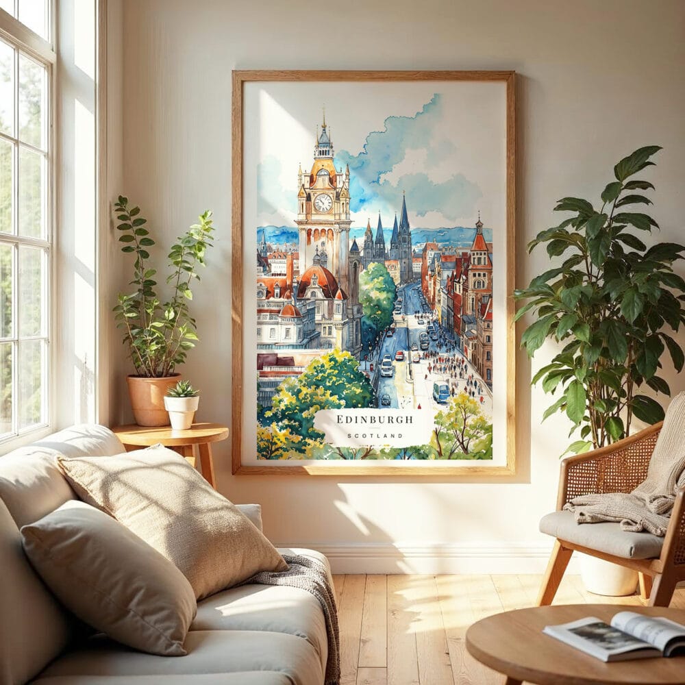 04 - Edinburgh Skyline Watercolor Wall Art in Boho Living Room 04 - Edinburgh Skyline Watercolor Wall Art in Boho Living Room