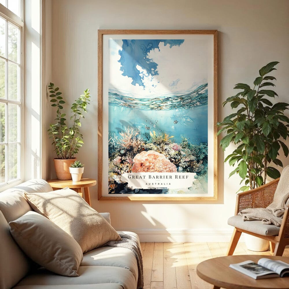 04 - Great Barrier Reef Watercolor Wall Art in Boho Living Room 04 - Great Barrier Reef Watercolor Wall Art in Boho Living Room