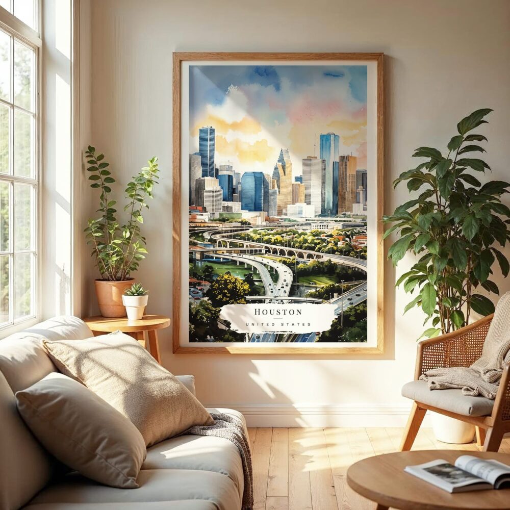 04 - Houston Texas Watercolor Wall Art in Boho Living Room 04 - Houston Texas Watercolor Wall Art in Boho Living Room
